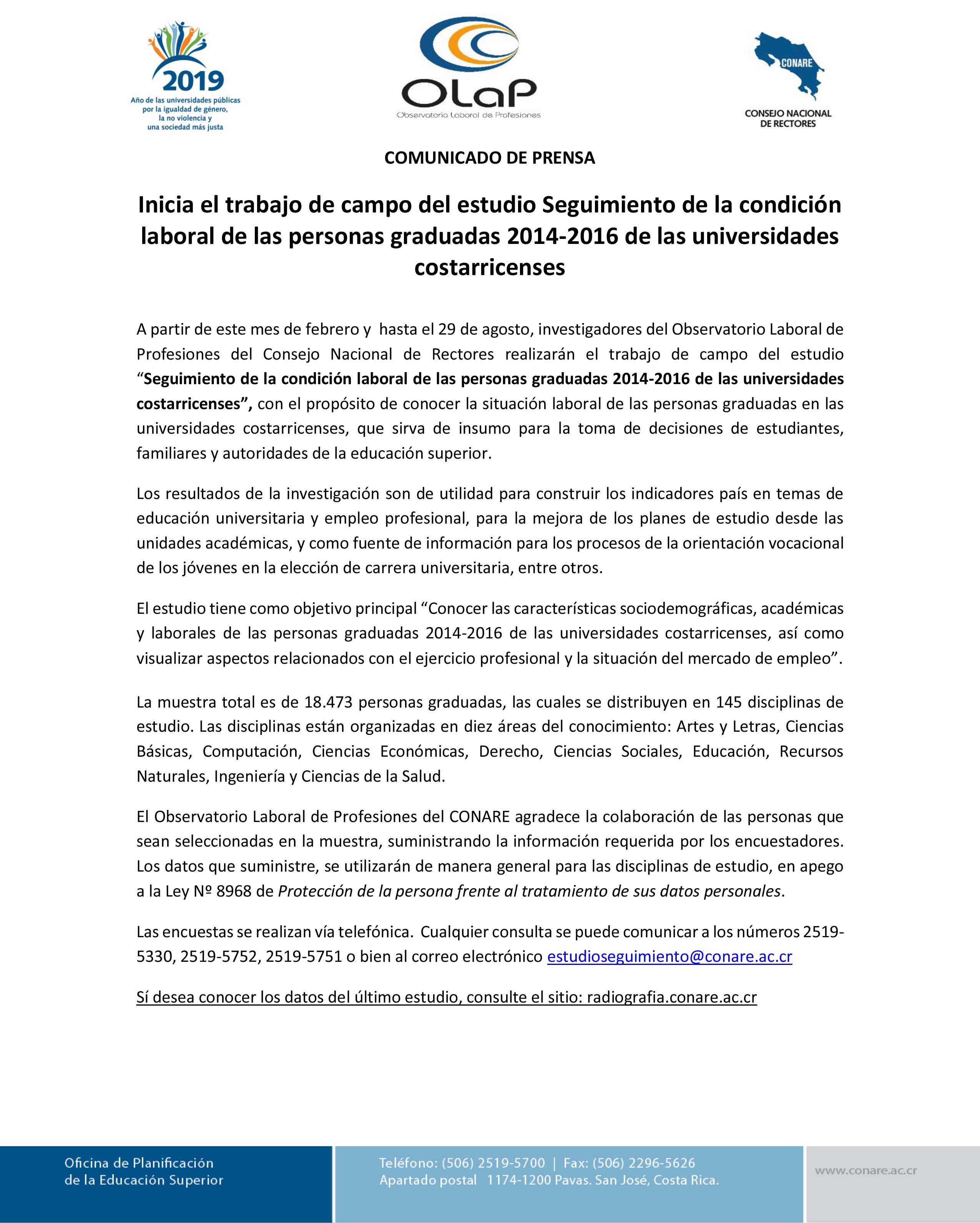 Inicia el trabajo de campo del estudio Seguimiento de la condición laboral de las personas graduadas 2014 2016 de las universidades costarricenses