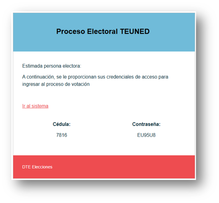 Figura del manual: correo con credenciales y enlace de acceso al sistema de votación electrónica