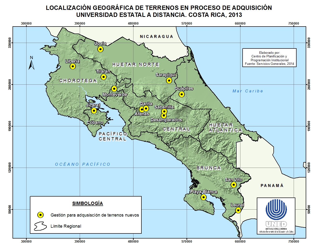 Localización geografica de terrenos en proceso de adquisión UNED Costa Rica 2013